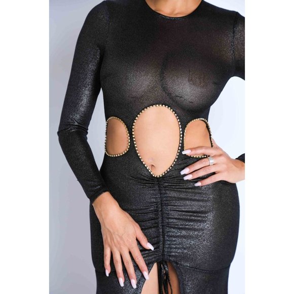 Womens Glitter Shirring Detailed Slit Cutout Maxi Dress Club Party Black Dress - Picture 3 of 11